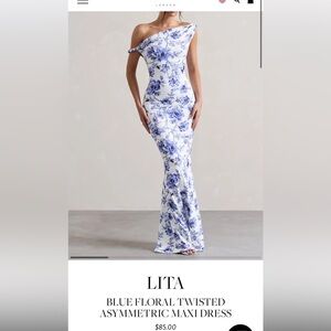 CLUB L LONDON LITA BLUE FLORAL TWISTED ASYMMETRIC MAXI DRESS
